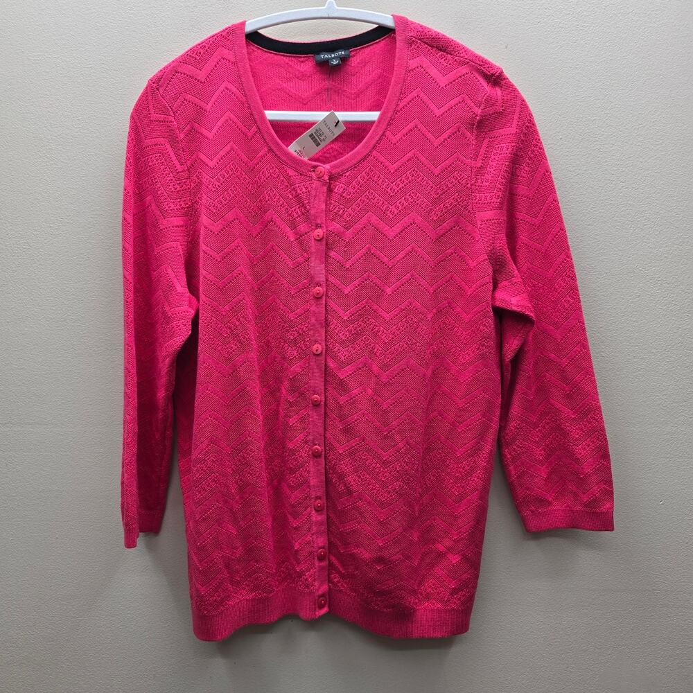 Talbots Cardigan Sweater Size Large Button UP Chevron Grandmother Dark Pink